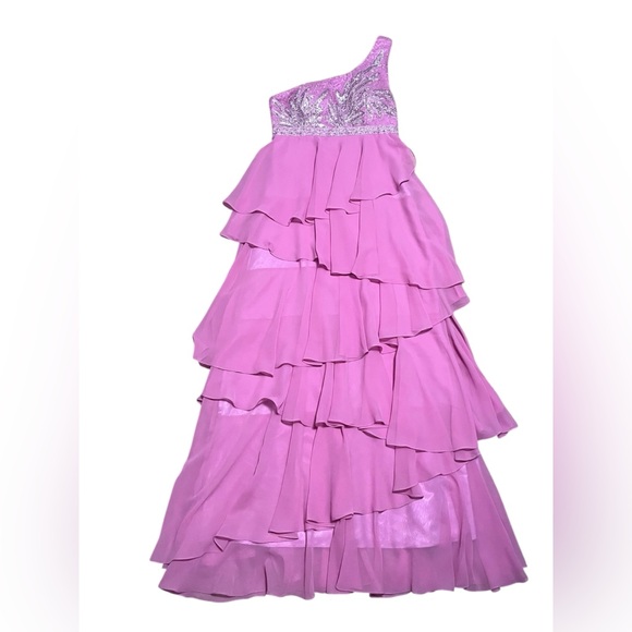 Camille La Vie Pink Tiered Prom Dress SILVER Sequin Asymmetrical One Shoulder 0 - Picture 1 of 10